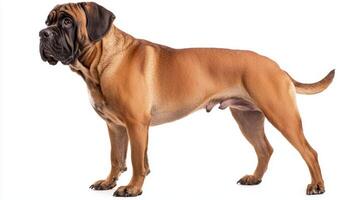 This impressive Bullmastiff stands tall and confident, its robust body and sleek, short coat highlighted against a pure white background, demonstrating its regal presence. photo