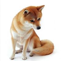 A delightful Shiba Inu sits quietly, its curled tail and fox-like face captivating with charm and personality. The bright white background enhances its warm, vibrant fur. photo