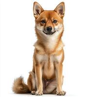 Exuding charm and inquisitiveness, a Shiba Inu sits gracefully with its distinctive fox-like face and curled tail, showcasing its playful nature in a strikingly clean setting. photo