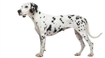 A striking Dalmatian stands gracefully, its unique spotted coat highlighted against a clean white background. The dog's elegant posture captures attention and admiration. photo