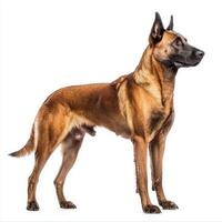striking Belgian Malinois stands tall with a sleek physique, exuding confidence and alertness. Its intense gaze and poised stance isolated on white background. photo