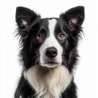 border collie stands with its head slightly tilted, revealing its beautiful black-and-white fur and expressive eyes. isolated on white background. photo