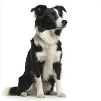 striking Border Collie sits attentively, its black-and-white coat gleaming. The dog's expression reveals intelligence and curiosity, perfectly poised against a clean white backdrop. photo