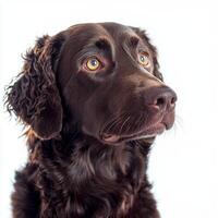close-up view reveals a Curly-Coated Retriever, showcasing its expressive bright eyes and tight, textured coat, embodying elegance in simplicity. photo
