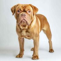 powerful Dogue de Bordeaux stands tall, showcasing its muscular build and large head. The striking features express a calm yet alert demeanor, embodying strength and loyalty. photo
