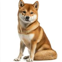 adorable Shiba Inu sits proudly, showcasing its unique fox-like face and curled tail, exuding confidence and charm in a minimalist setting. photo