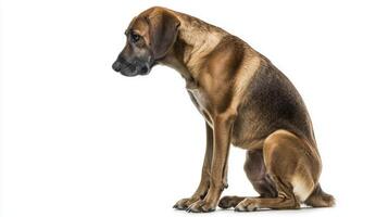 Bavarian Mountain Scent Hound sits attentively with its strong physique and smooth coat, highlighting its noble lineage and calm demeanor while isolated on a white backdrop. photo