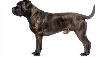 Cane Corso exudes strength and elegance, standing tall with a muscular frame and a sleek, short coat while showcasing its noble lineage in a seamless white backdrop. photo