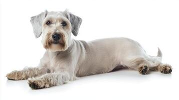 Dandie Dinmont Terrier lounges in a poised manner, its long body highlighted against the white background, exuding charm with its distinctive topknot and playful demeanor. photo