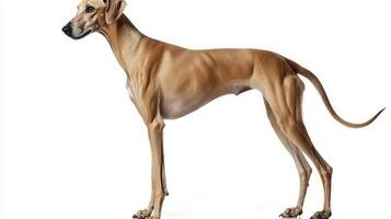 Greek Harehound stands tall and proud, showcasing its sleek, short coat and long legs, embodying grace and agility in a minimalist setting. photo