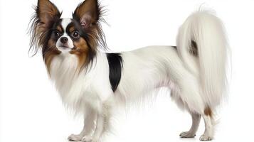 stunning Papillon dog displays its long, silky coat and striking butterfly ears while standing poised on a bright white background, exuding charm and elegance. photo