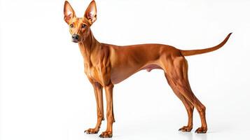 striking Pharaon Hound stands tall and proud, displaying its elegant, slender form and large, pointed ears against a clean, white backdrop, highlighting its unique beauty. photo