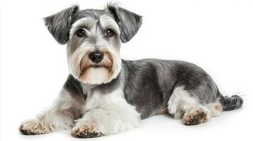 Sealyham Terrier showcases its long body and adorable bushy eyebrows while sitting patiently on a crisp white surface, radiating charm and elegance. photo