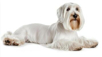 delightful Sealyham Terrier reclines on a crisp white surface, displaying its long body and distinctive bushy eyebrows, radiating a playful yet dignified presence. photo
