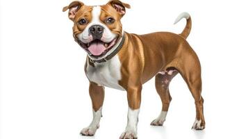 robust Staffordshire Bull Terrier stands confidently, showcasing its muscular physique and joyful demeanor, brightened by a clear white backdrop. photo