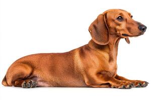 adorable Dachshund rests comfortably, showcasing its unique body shape. With its long torso and short legs, it exudes a playful and affectionate demeanor in a serene environment. photo