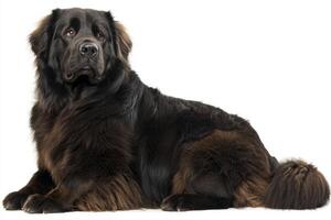 gentle giant of a Newfoundland relaxes with a serene expression, its thick, fluffy coat radiating warmth. The dog's large frame is perfectly complemented by its kind eyes and tranquil presence. photo