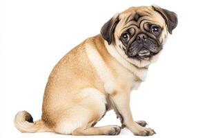 charming pug sits calmly, showcasing its adorable wrinkled face and distinctive curled tail against a clean, white backdrop. Its playful nature shines through. photo