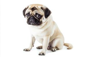 lovable pug sits serenely, showcasing its adorable wrinkled face and distinct curled tail. This endearing pet exudes charm and sweetness in a minimalist setting. photo