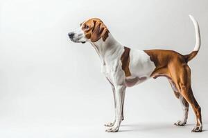 English Foxhound stands tall with a short, glossy coat, reflecting a sense of grace and athleticism. Its alert posture highlights the breed's active nature and keen spirit. photo