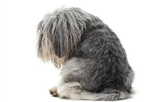 fluffy Old English Sheepdog enjoys a peaceful moment, its abundant shaggy coat draping over its eyes while it sits in perfect solitude, embodying charm and character. photo