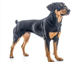 Beauceron stands tall and alert, displaying its muscular frame and sleek short coat in a stark white setting that emphasizes its striking features. photo