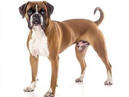 vibrant Boxer exudes energy and charm, standing tall with a playful expression. Its well-defined muscles and confident stance create a captivating sight. photo