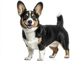 delightful Cardigan Welsh Corgi showcases its playful spirit, with floppy large ears and a long body, beautifully poised against a bright white background. photo