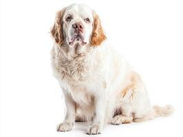 adorable Clumber Spaniel, with its distinctive droopy ears and stocky body, sits beautifully on a bright white background, exuding a warm and gentle demeanor. photo