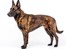 dignified Dutch Shepherd stands tall, displaying its striking brindle coat and muscular physique. The dog exudes confidence and elegance, capturing attention against the stark white background. photo