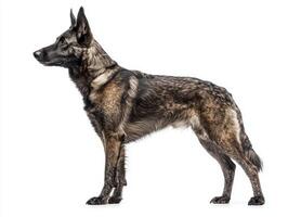 Dutch Shepherd stands proud, its brindle coat gleaming as it highlights the dog's muscular build. The pure white background emphasizes its striking features and elegance. photo