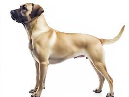 Kangal Dog stands tall and proud, displaying its muscular physique and short coat. This breed is known for its loyalty and strength, a true guardian and companion on a simple white background. photo