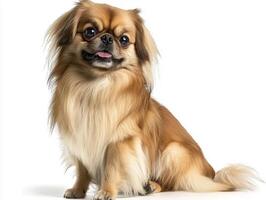 charming Pekingese with a luxurious, flowing coat sits proudly against a pristine white backdrop, radiating confidence and sophistication in its demeanor. photo