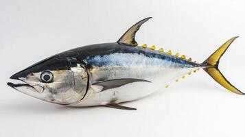 close up displays a lively yellowfin tuna highlighting its sleek body and striking colors. The fish is set against a pristine white background emphasizing its beauty. photo