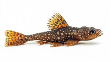 This Clown Pleco displays its striking patterns and bright orange fins while swimming making it an ideal subject for fish enthusiasts and aquarists alike. photo