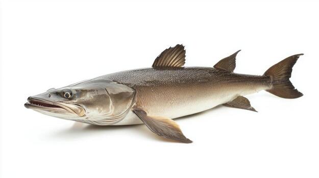 depiction highlights the Cobia a prominent fish species known for its distinctive shape and coloration set against a white backdrop. photo