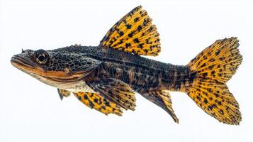 This Clown Pleco features striking yellow and black patterns highlighting its distinct appearance. The fish is isolated against a pure white background providing clarity. photo
