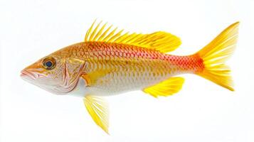 Goatfish from the Mullidae family displays its bright yellow and pink coloration. The species is known for its unique appearance and habitat in coastal waters. photo