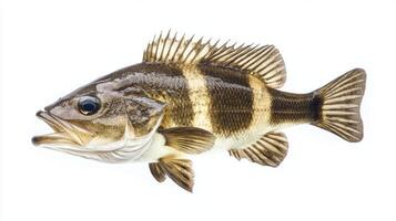 Drum Fish displays intricate patterns and textures in its scales and fins highlighting the beauty of aquatic life. Perfectly positioned against a white backdrop for clarity. photo