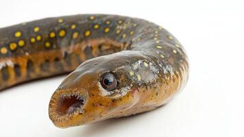 captivating photograph offers an up close look at a Lamprey highlighting its unique texture and coloration against a simple white backdrop. photo