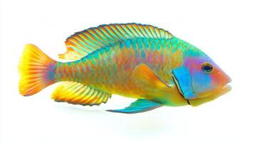 stunning Parrotfish glides through the water displaying its bright colors and intricate patterns. The fishs scales shimmer vibrantly against a white backdrop. photo