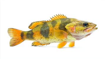 striking peacock bass Cichla ocellaris displays its vivid yellow and black striped pattern against a clean white backdrop highlighting its natural beauty and unique features. photo