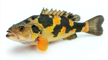 vibrant Peacock Bass Cichla ocellaris is displayed against a white backdrop highlighting its distinctive colors and patterns emphasizing its beauty and characteristics. photo