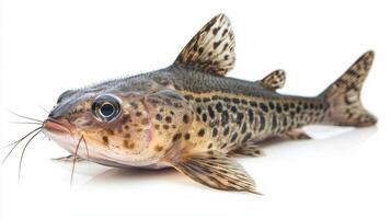 Pictus Catfish Pimelodus pictus is highlighted here displaying its distinctive spotted pattern and aquatic features on a clean white surface allowing for an in depth examination. photo