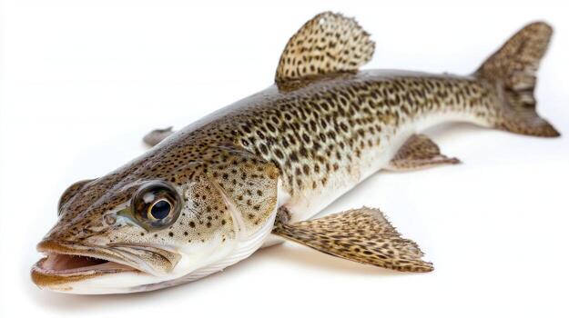 close up focuses on a Pollock exhibiting its distinctive coloration and physical characteristics against a clean white backdrop highlighting its significance in marine biology. photo