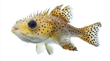 Porcupinefish displays its distinctive spines and striking patterns highlighting its natural beauty in a neutral setting. Perfect for studying fish characteristics. photo