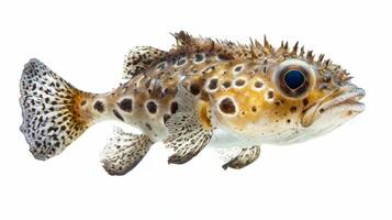 Porcupinefish a member of the Diodontidae family displays its distinctive spines and patterns while isolated on a white backdrop highlighting its anatomical features. photo