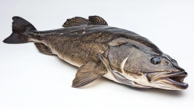 Sablefish displays its distinct physical characteristics against a clean white backdrop highlighting its scales and shape. This fish is known for its culinary qualities. photo
