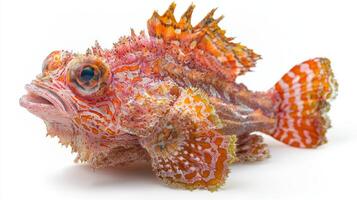 Scorpionfish rests on a white background displaying its intricate patterns and colors highlighting the unique adaptations of this fascinating marine species. photo