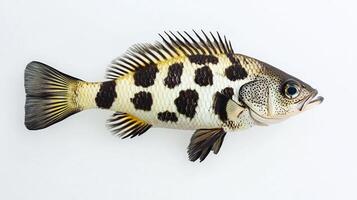 vibrant Spotted Drum known as Equetus punctatus displays its striking black and yellow patterns. The fish is positioned against a pure white backdrop highlighting its features. photo